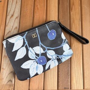 Dena Blue Cherry Print Wristlet Pouch Black Canvas Gold Zip